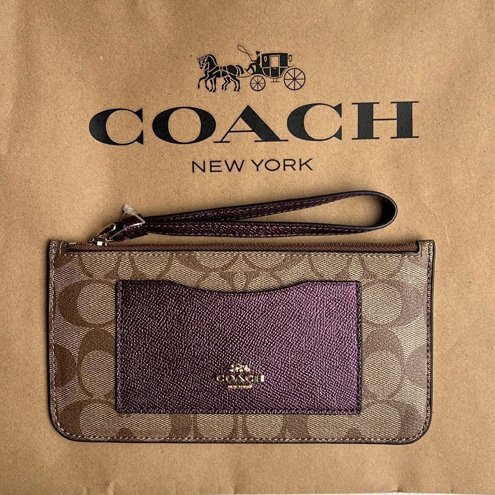 Coach Signature Zip Top Brown and Purple Wristlet